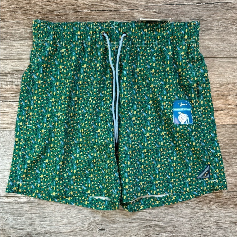 Mr.Swim~ Men's Stretch Swim Shorts Size Small Inseam 6.5 Green with drink Print